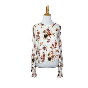 Mustard Seed White Floral Orange Peplum Bell Sleeves Top Size Small Womens NWOT